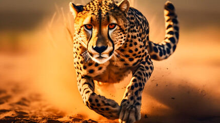 Cheetah running in the savannah in Kruger National Park, South Africa. Species Panthera pardus...