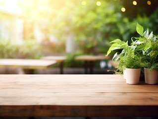 Modern cozy outdoor restaurant with green plants, blurred background with wooden table for product and text placement