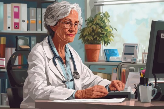 Elderly female doctor working at computer in her office
