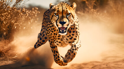Cheetah running in the savannah in Kruger National Park, South Africa. Species Panthera pardus family of Felidae