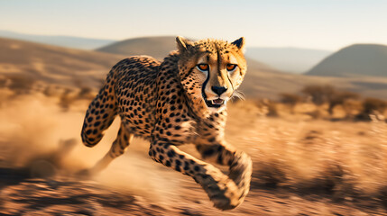 Cheetah running in the savannah in Kruger National Park, South Africa. Species Panthera pardus family of Felidae - obrazy, fototapety, plakaty