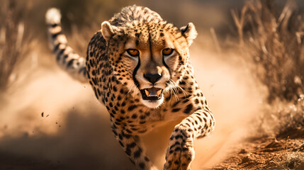 Cheetah running in the savannah in Kruger National Park, South Africa. Species Panthera pardus...