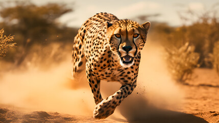 Cheetah running in the savannah in Kruger National Park, South Africa. Species Panthera pardus family of Felidae - obrazy, fototapety, plakaty