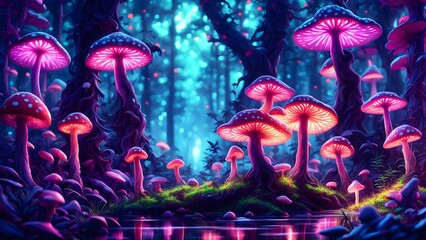 Psychedelic forest glowing spotted fluorescent mushrooms in mystic luminescent forest. Generative AI.