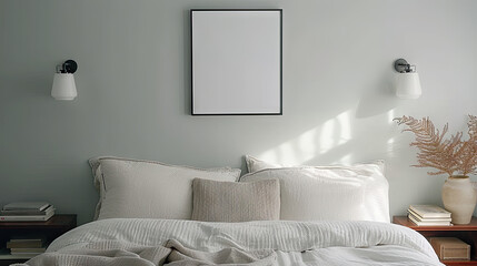  black picture frame mockup on sage green wall. Elegant bedroom view.Scandinavian interior. modern interior