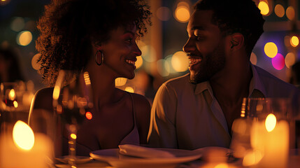 Romantic date at restaurant with candles and wine, black couple in love having festive dinner on Valentine's Day, 14 February, love and romance concept, hanging out 