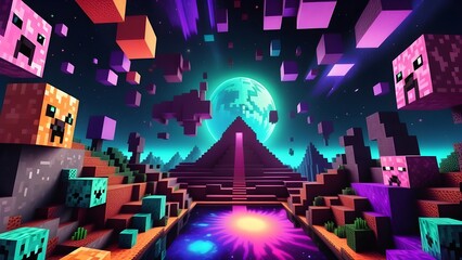 Psychedelic Minecraft live wallpaper. Minecraft fantasy world. Generative AI.
