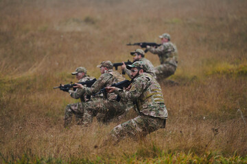 A disciplined and specialized military unit, donned in camouflage, strategically patrolling and...