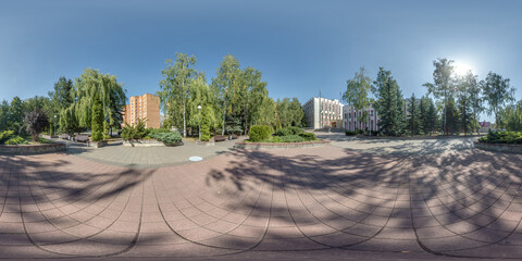 seamless spherical hdri 360 panorama view on square with trees near residential area with...