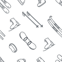 Seamless doodle pattern elements of winter active sports, skiing with sticks, downhill skiing, snowboarding, ice skates, winter clothing.