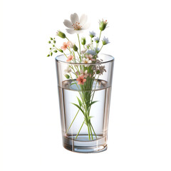 
Delicate wildflowers, transparent glass, slender stems, water reflection, soft colors, natural light, serene, simple elegance, white backdrop.generated by AI