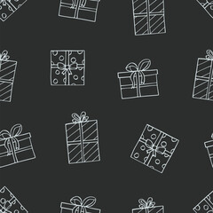 Seamless pattern gift boxes in wrapping paper with bows. Background texture packaging. Doodle cartoon style.