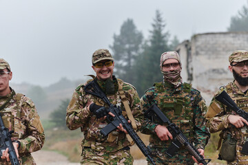 Fototapeta premium A disciplined and specialized military unit, donned in camouflage, strategically patrolling and maintaining control in a high-stakes environment, showcasing their precision, unity, and readiness for