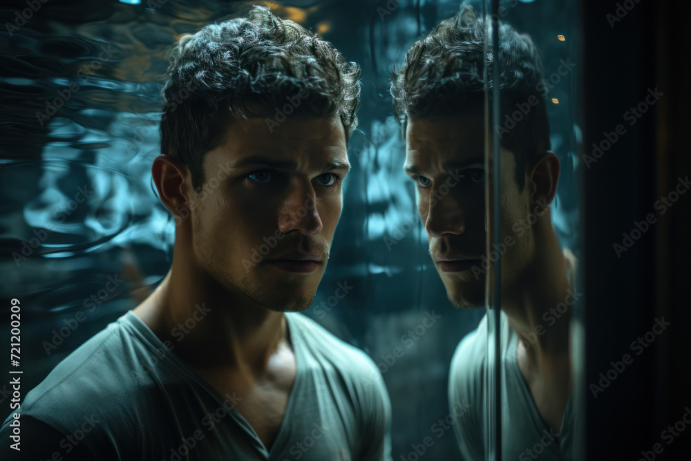 Poster a figure standing in front of a mirror, with the reflection showing a different emotion, portraying 