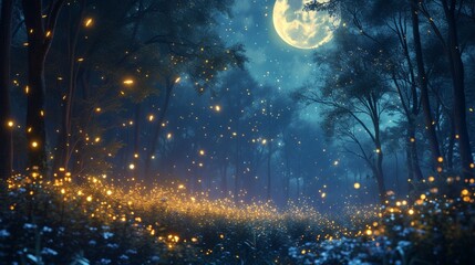the mystique of fireflies dancing in a moonlit forest.  - obrazy, fototapety, plakaty