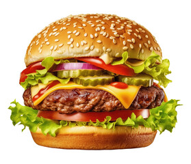 big fresh cheeseburger with cheese, hamburger with tomato, cucumber, and green lettuce leaves, burger isolated on a transparent background
