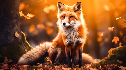 Red fox in the autumn forest. Close up portrait of a wild animal. AI Generated - obrazy, fototapety, plakaty