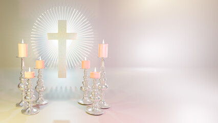 Christian cross near burning candles. 3d render