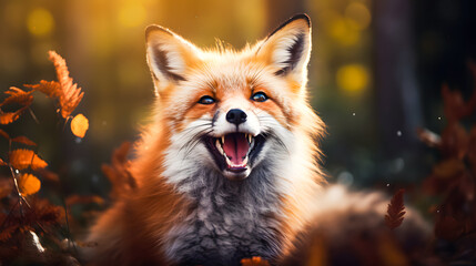 Red fox in the autumn forest. Close up portrait of a wild animal. AI Generated - obrazy, fototapety, plakaty