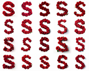 Group of various S shaped letters made from red rose flowers isolated on white background. Generative ai. Romantic blooming font theme.