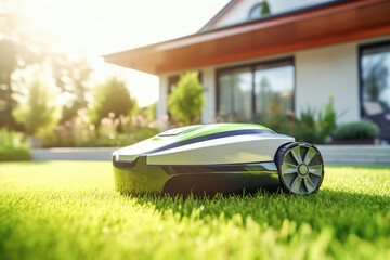 Automatic robotic lawn mower on a green lawn with modern house in background at sunny day