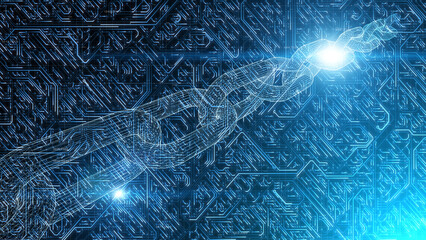 Abstract digital circuit board background with glowing lights and chain illustration background.	
