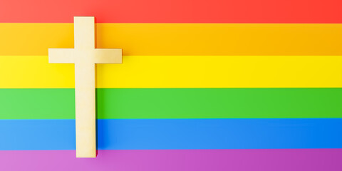 Cross against LGBT rainbow flag. 3d render