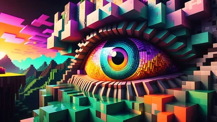 Blocky cubes inspired eye with psychedelic abstract design. Generative AI.