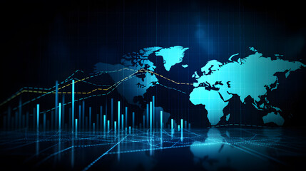 Financial chart with moving up arrow graph and world map