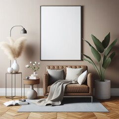 Chic living room interior featuring a luxurious leather sofa, neutral tones, a large blank poster frame, and lush indoor greenery, exuding sophistication and warmth.
