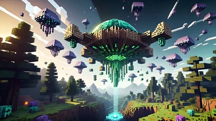 Psychedelic blocky live wallpaper free space, alien invasion. Generative AI. 