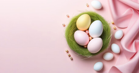 Naklejka na ściany i meble Pink Easter banner, on the right side painted eggs of glossy delicate colors in improvised nest, the composition is supplemented with fabric. Conceptual poster, advertising banner. Copy space. High