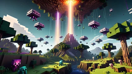 Psychedelic blocky live wallpaper free space. Blocky style alien invasion. Generative AI. 