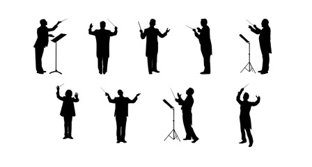  Silhouette Of Music Conductor, great conductor set collection clip art Silhouette , Black vector illustration on white background.