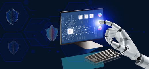 3d rendering of robot hand touching on computer with electronic banking cybersecurity and online network connection.