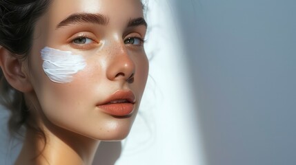 Woman using sunscreen cream. Beautiful girl with sun protection cream - obrazy, fototapety, plakaty