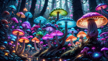 Psychedelic forest glowing spotted fluorescent mushrooms in mystic luminescent forest. Generative AI.