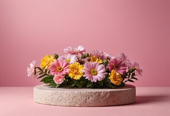 Flowers in a vase on a stone podium on a pink background