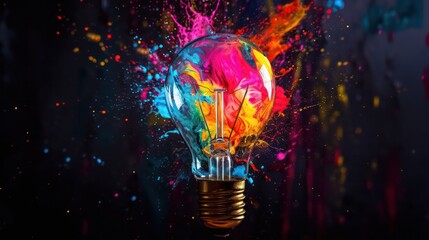 Creative light bulb explodes with colorful paint splashes and shards of glass on a black background. Think differently creative idea concept. Dry paint splatter. Brainstorm and think