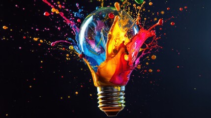 Creative light bulb explodes with colorful paint splashes and shards of glass on a black background. Think differently creative idea concept. Dry paint splatter. Brainstorm and think - obrazy, fototapety, plakaty
