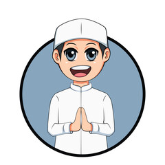 Muslim Boy Kid Smiling and Happy with welcoming hands gesture, vector cartoon illustration