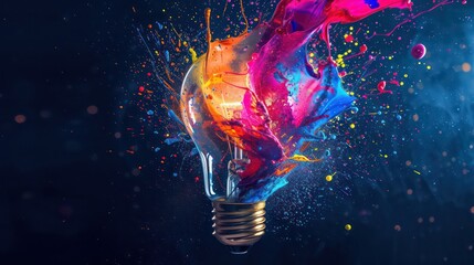 Lightbulb eureka moment with Impactful and inspiring artistic colourful explosion of paint energy - obrazy, fototapety, plakaty