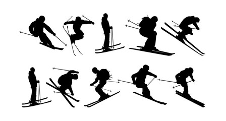 Silhouette Of Skiing Sport, Winter extreme sport, snowboarding, Skifahrer Spuren great set collection clip art Silhouette , Black vector illustration on white background. - obrazy, fototapety, plakaty