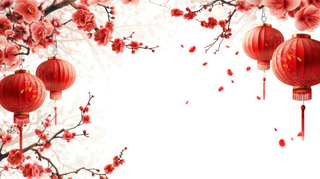 Top view of Chinese lunar new year background copy space design concept with white plum flower and festive decoration, the word inside picture means blessing.