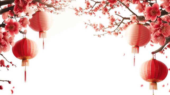 Top view of Chinese lunar new year background copy space design concept with white plum flower and festive decoration, the word inside picture means blessing.