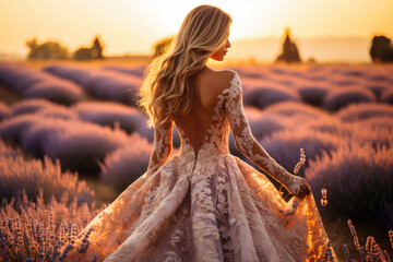 Woman in a lush chic dress in a lavender field