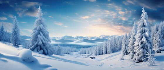 Snowy mountains at sunset, panoramic landscape. Horizontal banner