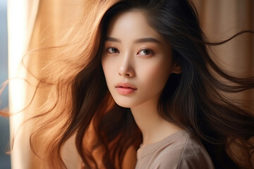 Obraz premium Beauty portrait of a young Asian woman with smooth healthy skin, cosmetics, health concept
