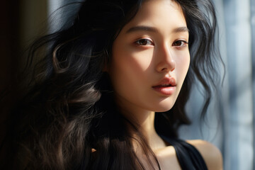 Fototapeta premium Beauty portrait of a young Asian woman with smooth healthy skin, cosmetics, health concept