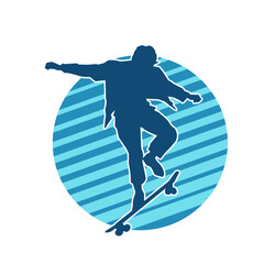 Silhouette of a male in action pose on skateboard. Silhouette of an urban boy on skateboard.